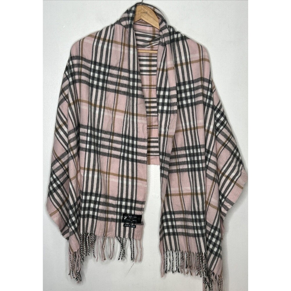 100% Cashmere Scarf Wrap Made in Italy 30”x70” Light Pink Nova Check with Fringe